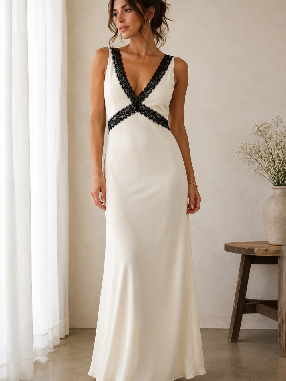 Vici Cream Maxi Dress with Black Lace Trim